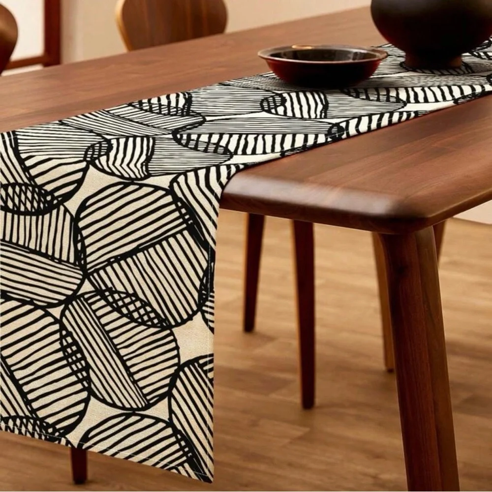 Modern Geometric Black and White Table Runner